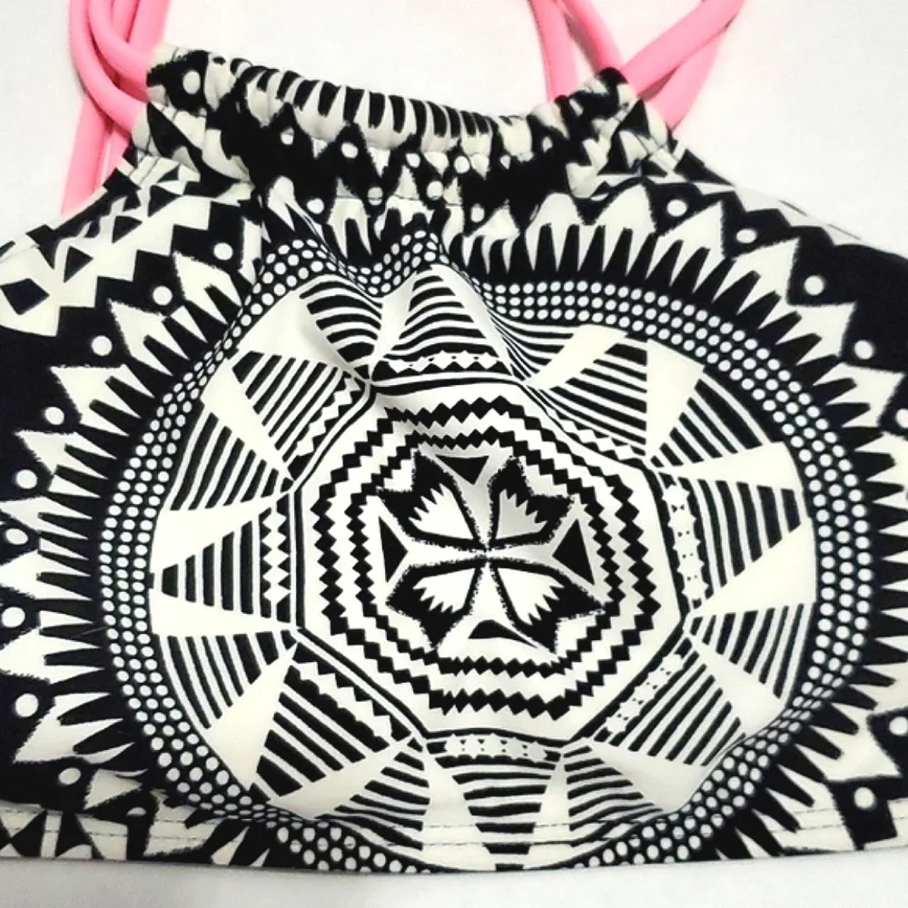 Xhilaration Black & Off White Boho Print High Neck Bikini Top XS
